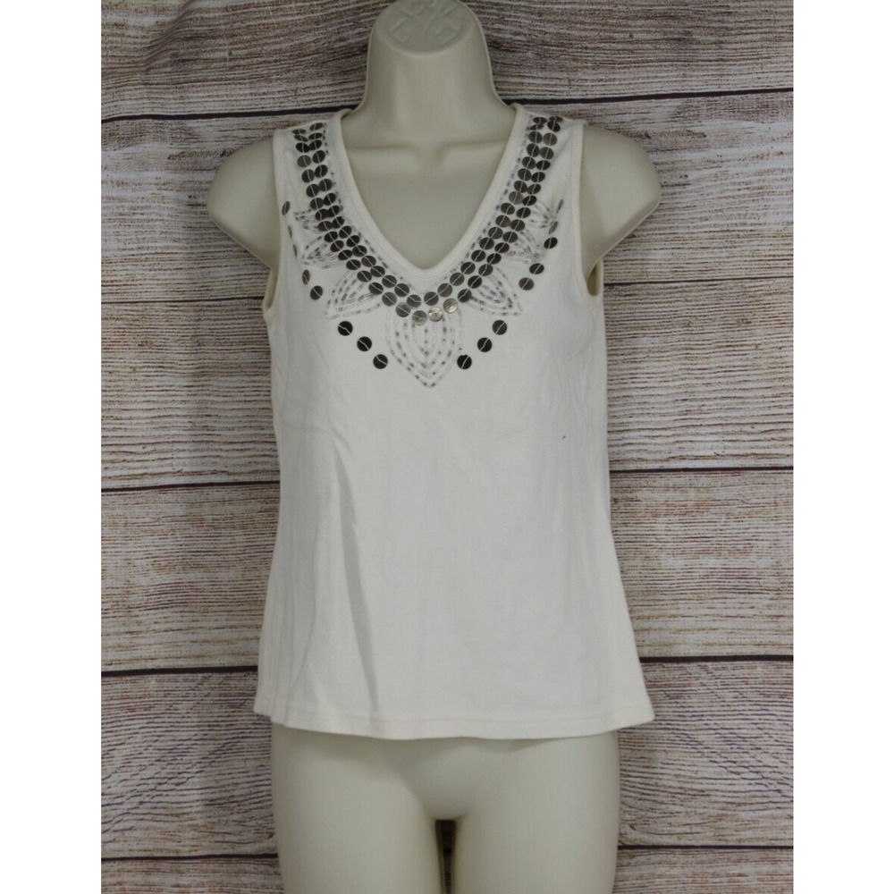 Y2K Together Womens Sz Small Sleeveless V-Neck Beaded Top Shirt Ivory Off White